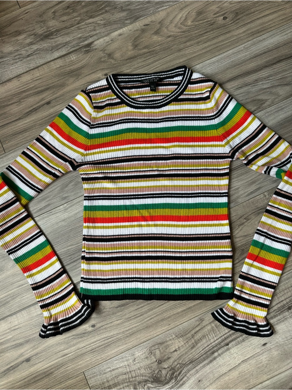 Topshop Hyper Striped Fitted Ribbed Long-Sleeve Stretchy Top - Multicolor Size 4